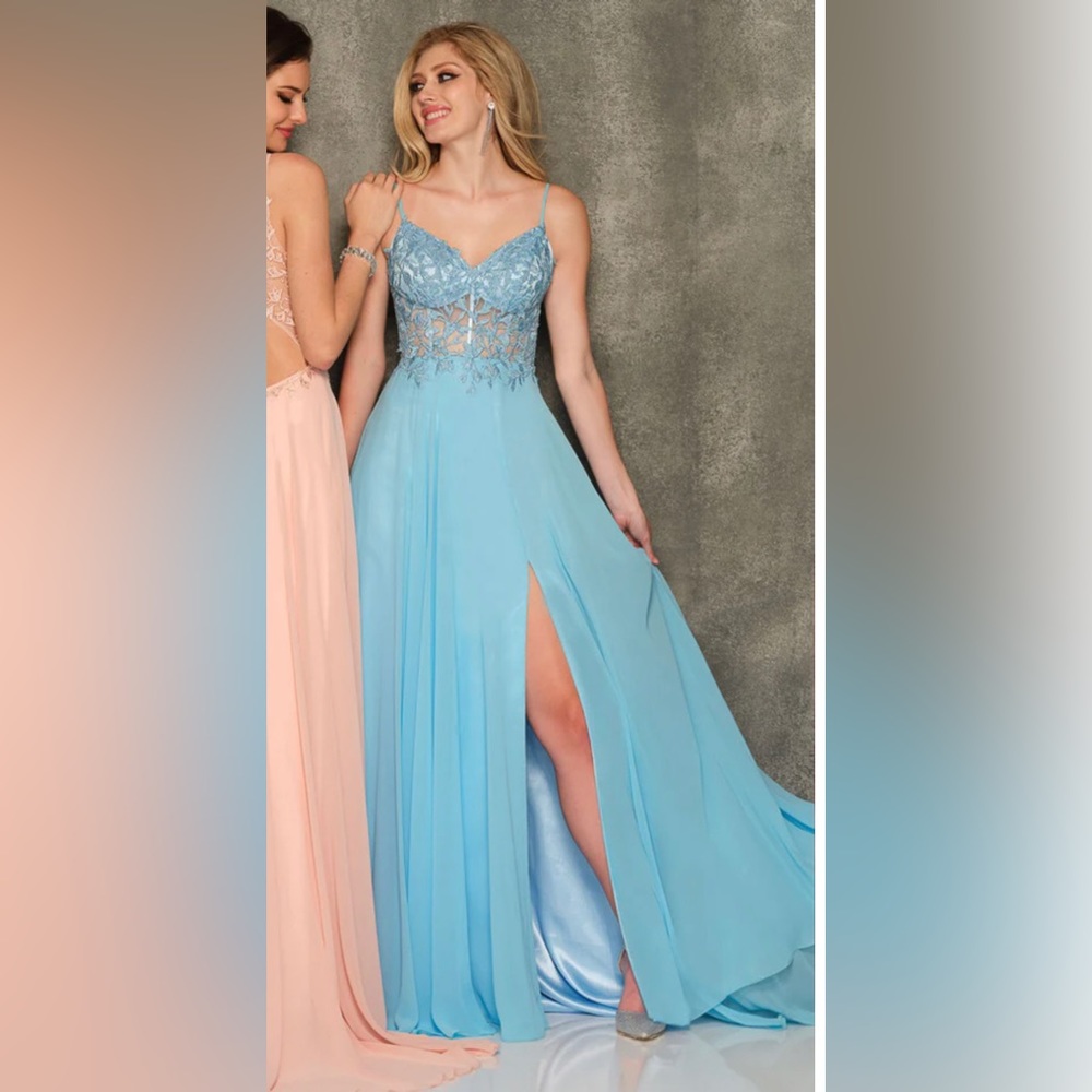 MUST SELL - Ice Blue Lace Top Cut Out Back Flowy Prom Dress